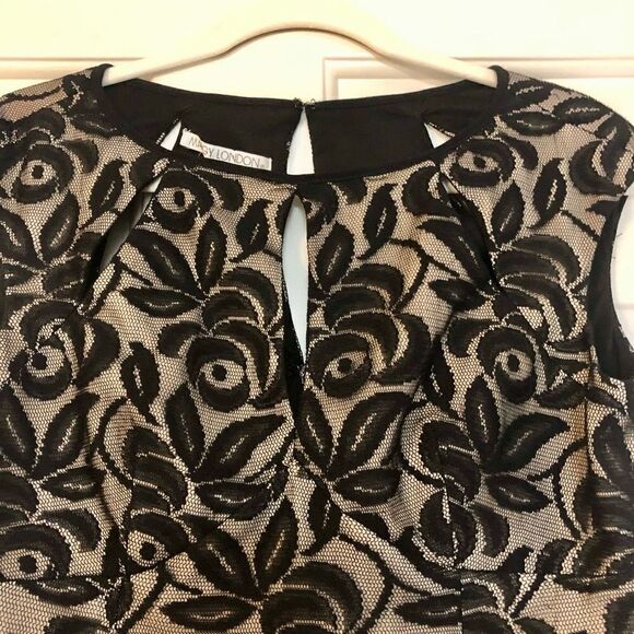 Maggie London Form Fitting Knee Length Black Lace Over Nude Lining Size 10 - Picture 3 of 11